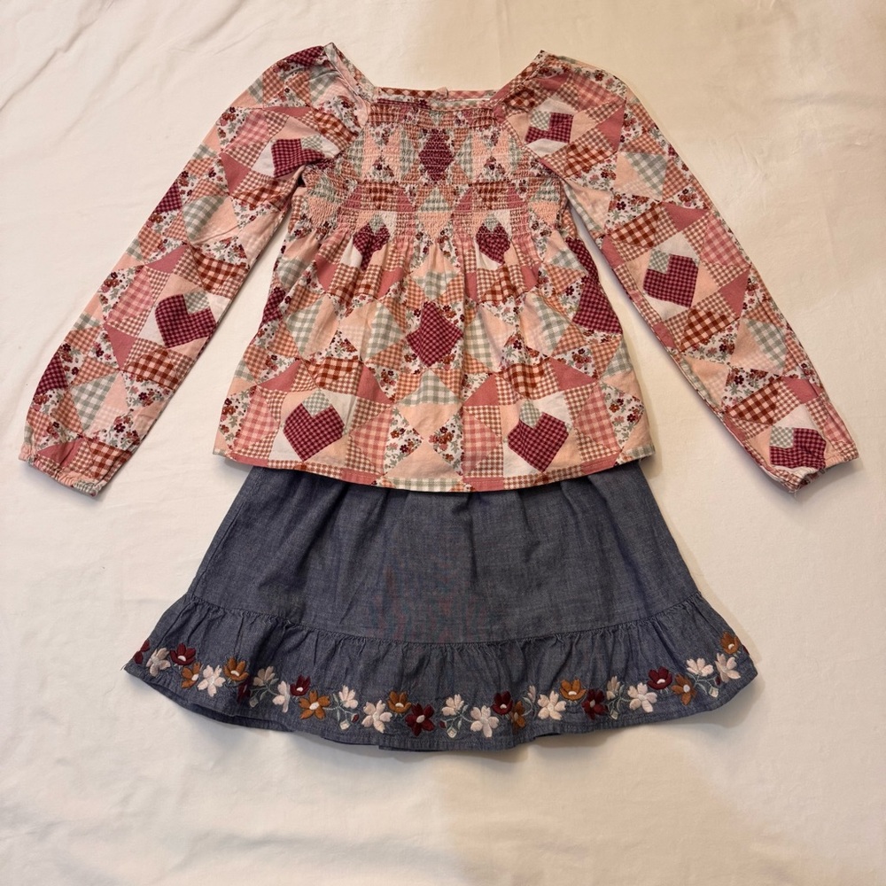 Gymboree 3 Piece Patchwork Set -L/S shirt, denim skort, and riding pants -Sz 6/7